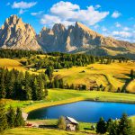 Lake and mountains at sunset, Alpe di Siusi or Seiser Alm, Dolomites Alps Sassolungo and Sassopiato, Trentino Alto Adige Sud Tyrol, Italy, Europe